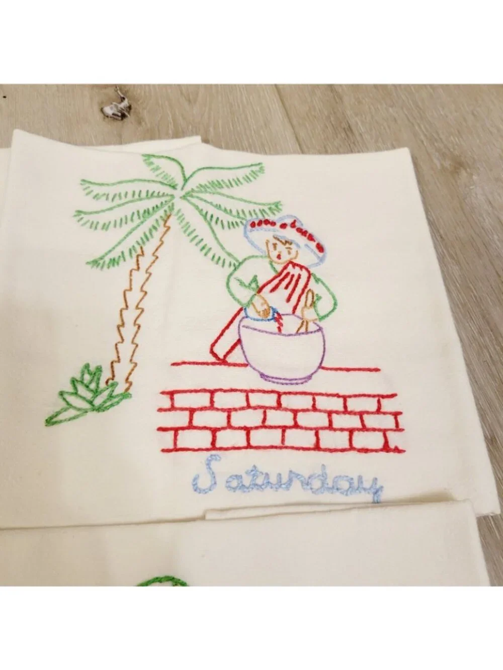 4 Hand-Embroidered Mexican Days Of The Week Tea Towels Cotton